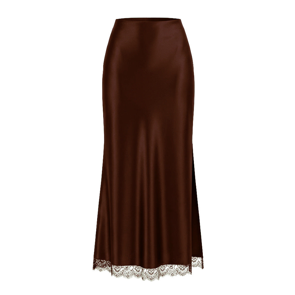 Satin Lace Split Midi Skirt – High Waist Elegance