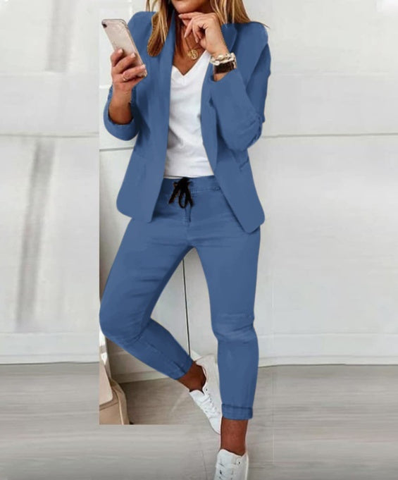 Lapel Blazer & Drawstring Trousers Set – Women's OL Two-Piece Suit