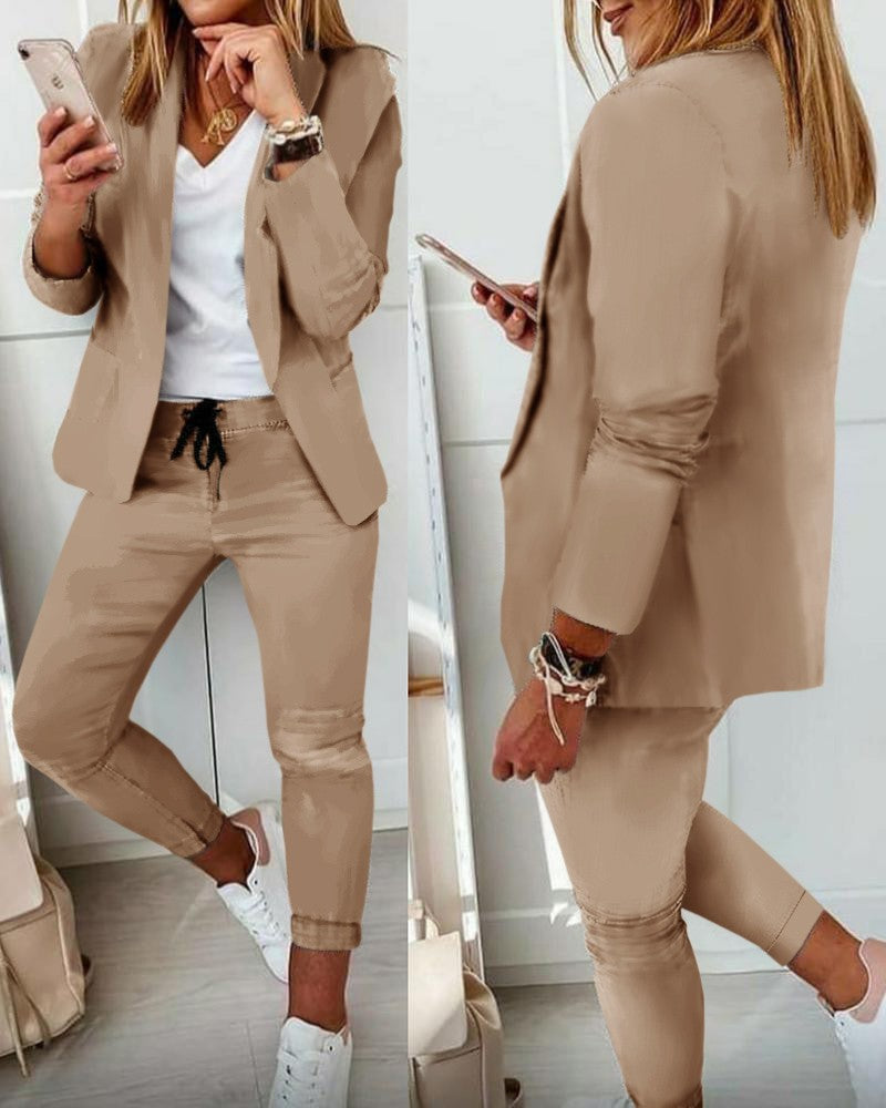 Lapel Blazer & Drawstring Trousers Set – Women's OL Two-Piece Suit