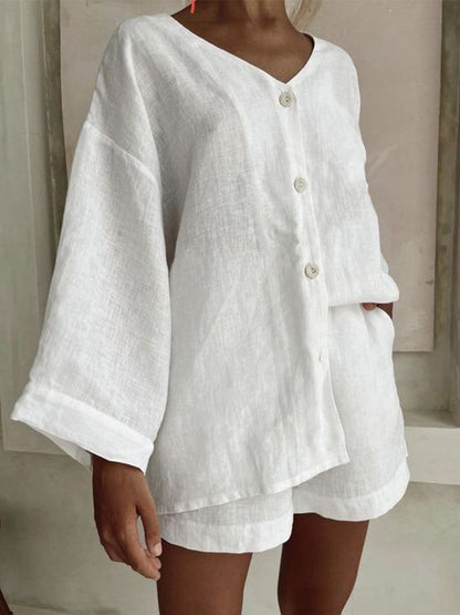 Cotton Linen Shirt & Shorts Set – Long Sleeve, Button, Casual 2-Piece - For A Cozy Meditation
