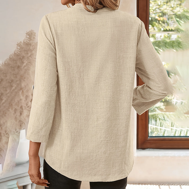 Notch V-Neck Tunic Blouse – Women's 3/4 Sleeve Summer Top