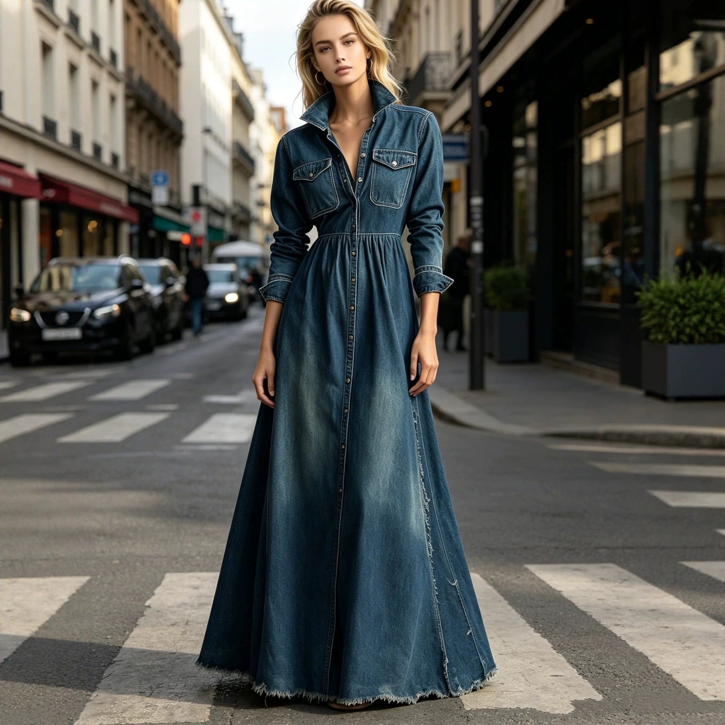 Denim Maxi Shirt Dress – High Waist & Frayed Hem