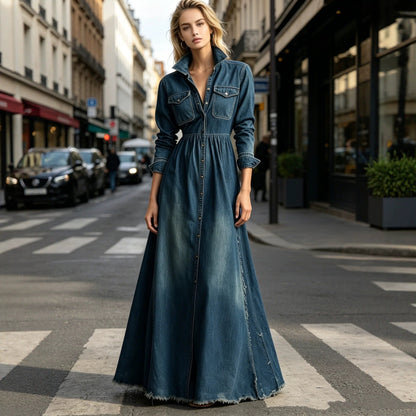 Denim Maxi Shirt Dress – High Waist & Frayed Hem