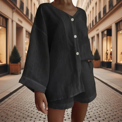 Cotton Linen Shirt & Shorts Set – Long Sleeve, Button, Casual 2-Piece - For A Cozy Meditation