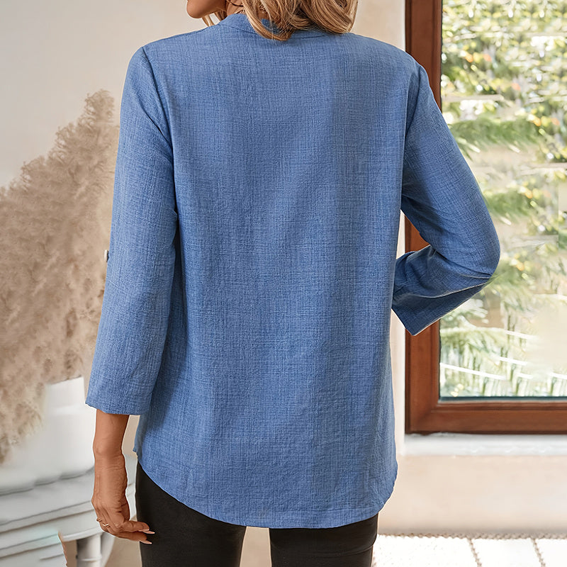 Notch V-Neck Tunic Blouse – Women's 3/4 Sleeve Summer Top