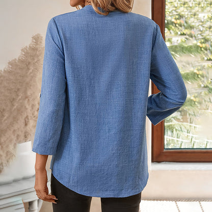 Notch V-Neck Tunic Blouse – Women's 3/4 Sleeve Summer Top