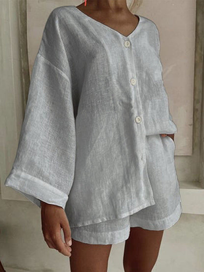 Cotton Linen Shirt & Shorts Set – Long Sleeve, Button, Casual 2-Piece - For A Cozy Meditation