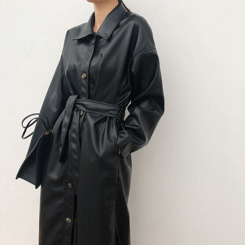 Long Faux Leather Jacket – Polo Collar & Lace Detail