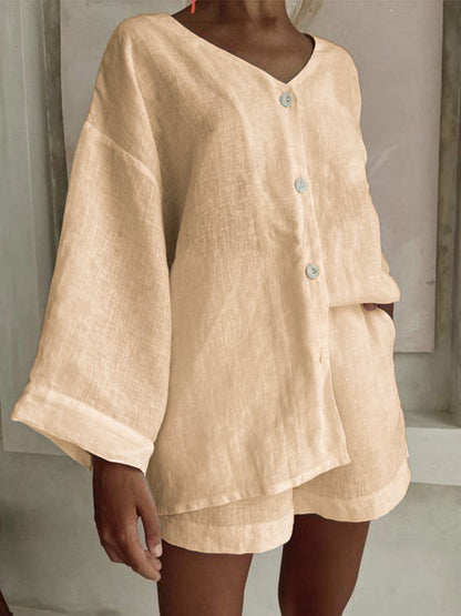 Cotton Linen Shirt & Shorts Set – Long Sleeve, Button, Casual 2-Piece - For A Cozy Meditation