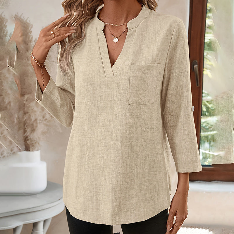 Notch V-Neck Tunic Blouse – Women's 3/4 Sleeve Summer Top