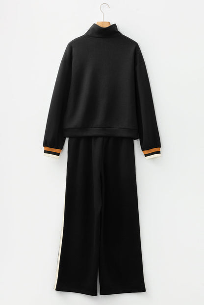 Black Striped Patchwork Quarter Zip Pullover Loose Pant Set