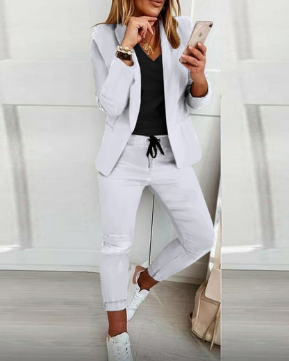 Lapel Blazer & Drawstring Trousers Set – Women's OL Two-Piece Suit