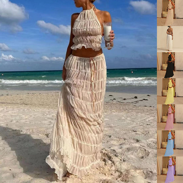 2-Piece Women's Beachwear Set – Sleeveless Halter Crop Top & Pleated Maxi Skirt