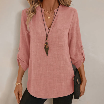 Notch V-Neck Tunic Blouse – Women's 3/4 Sleeve Summer Top