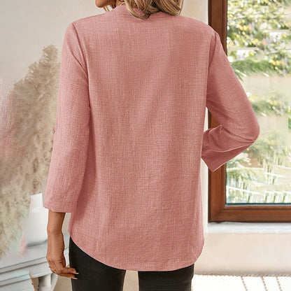 Notch V-Neck Tunic Blouse – Women's 3/4 Sleeve Summer Top