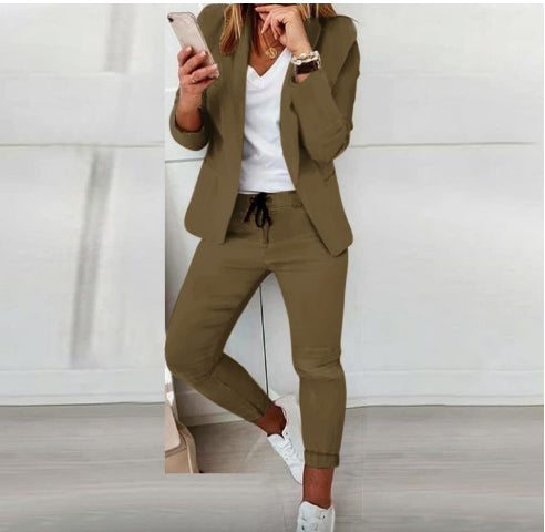 Lapel Blazer & Drawstring Trousers Set – Women's OL Two-Piece Suit