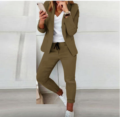 Lapel Blazer & Drawstring Trousers Set – Women's OL Two-Piece Suit
