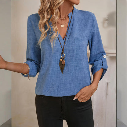 Notch V-Neck Tunic Blouse – Women's 3/4 Sleeve Summer Top