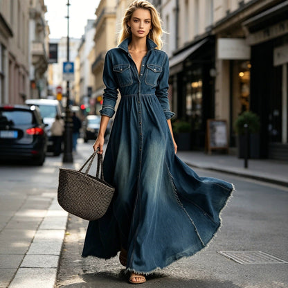Denim Maxi Shirt Dress – High Waist & Frayed Hem