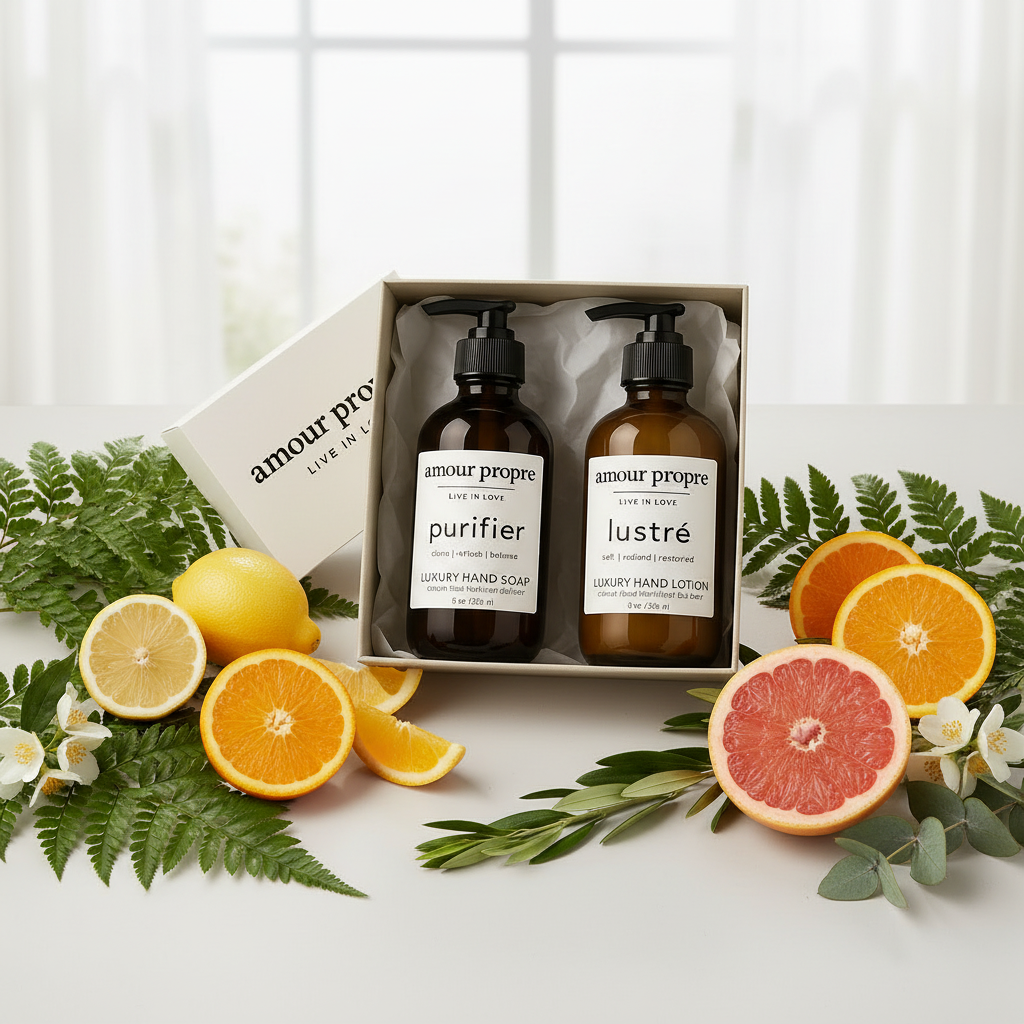 Amour Propre® LUX COLLECTION - Citrus and Rosemary Hand Soap, Hand Lotion, Soy Candle