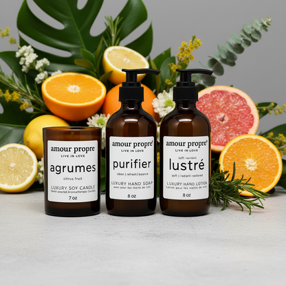 Amour Propre® LUX COLLECTION - Citrus and Rosemary Hand Soap, Hand Lotion, Soy Candle