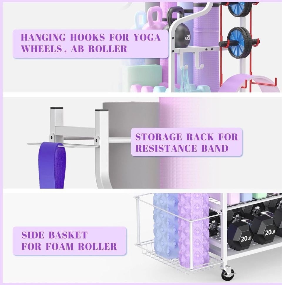 Home Gym Storage Rack – Yoga Mat, Dumbbells, Kettlebells & Bands Organizer