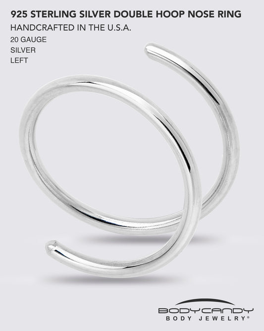 Silver double hoop nose ring on a white background with product details.