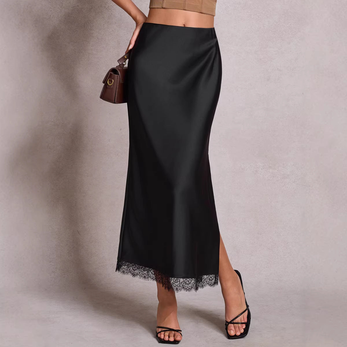 Satin Lace Split Midi Skirt – High Waist Elegance