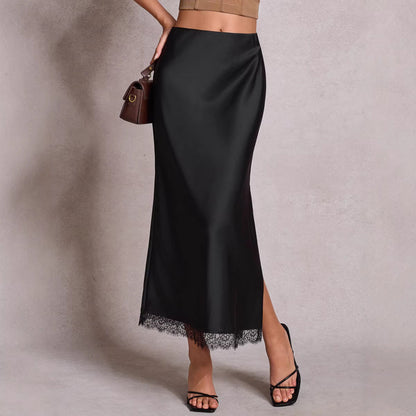 Satin Lace Split Midi Skirt – High Waist Elegance