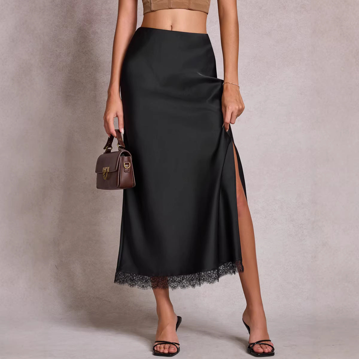 Satin Lace Split Midi Skirt – High Waist Elegance