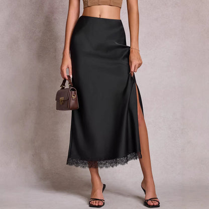 Satin Lace Split Midi Skirt – High Waist Elegance
