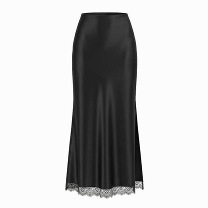 Satin Lace Split Midi Skirt – High Waist Elegance