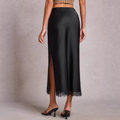 Satin Lace Split Midi Skirt – High Waist Elegance