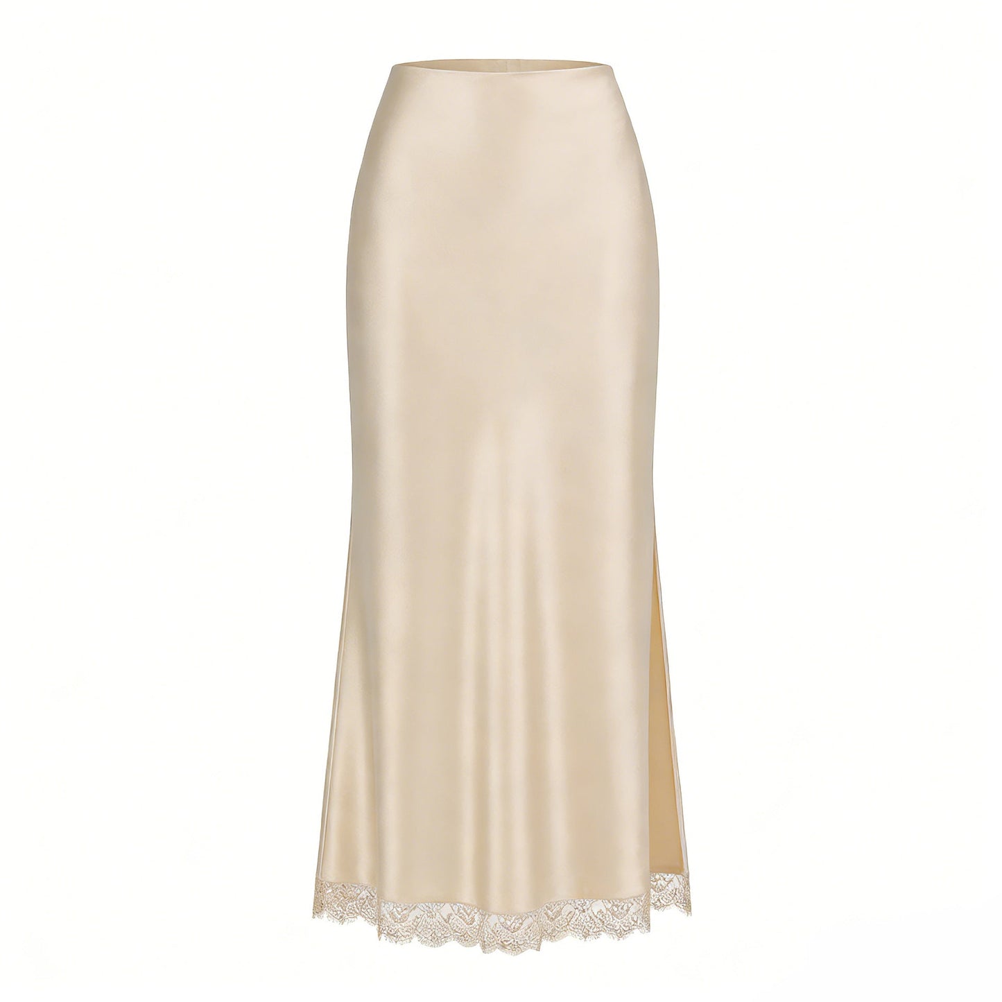 Satin Lace Split Midi Skirt – High Waist Elegance