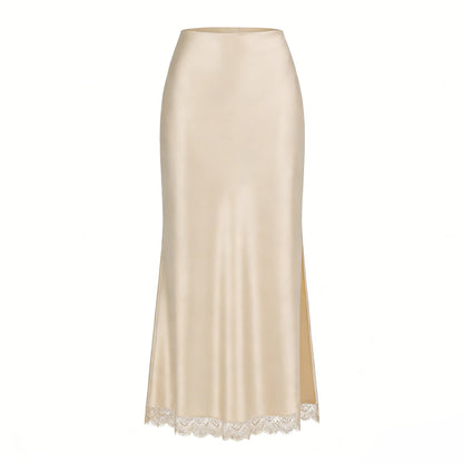 Satin Lace Split Midi Skirt – High Waist Elegance