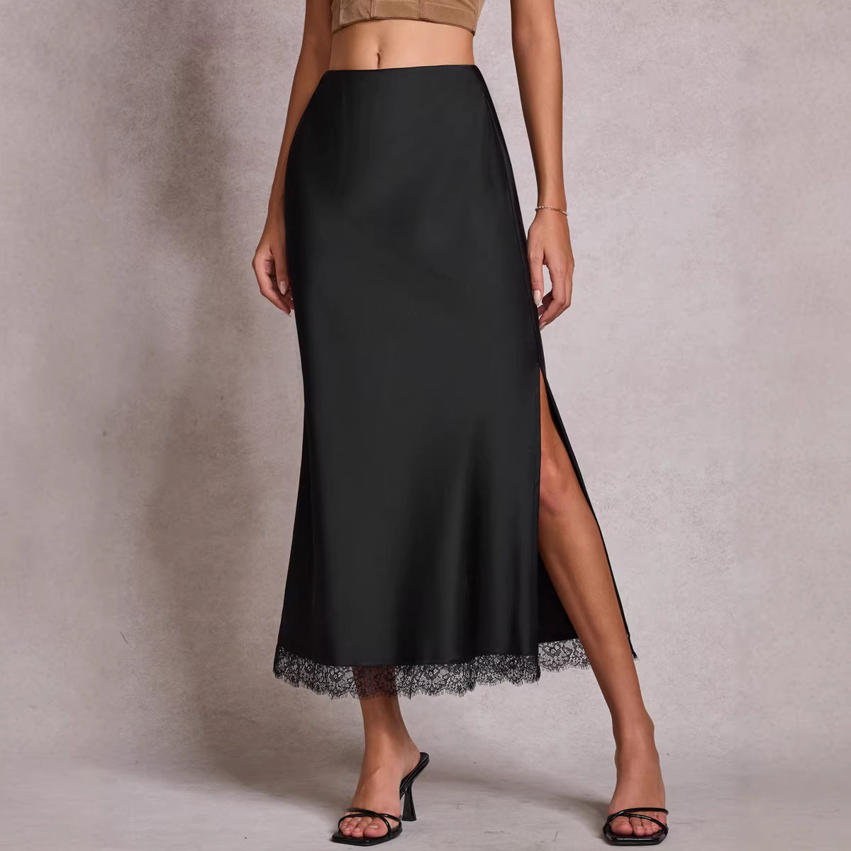 Satin Lace Split Midi Skirt – High Waist Elegance