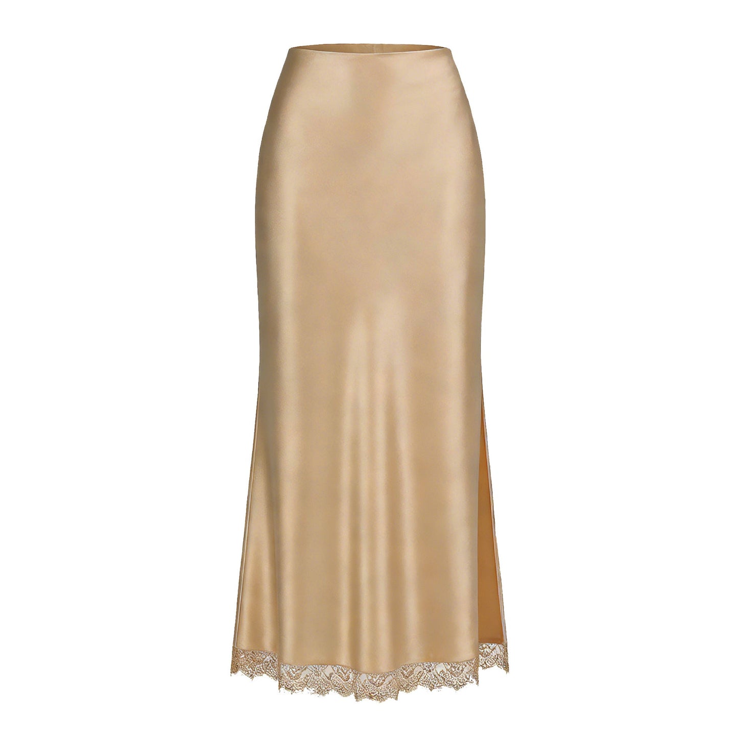 Satin Lace Split Midi Skirt – High Waist Elegance