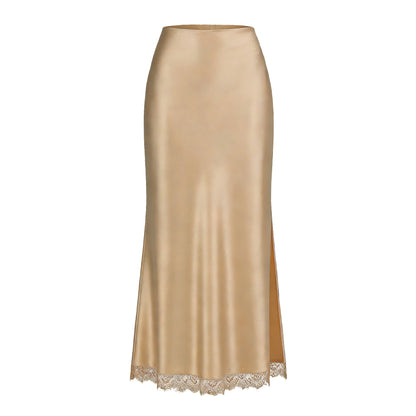 Satin Lace Split Midi Skirt – High Waist Elegance