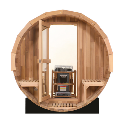 Blisspod, Prague, Canadian Red Cedar Outdoor Steam Barell Sauna, 2-4 / 4-6 persons with Full Glass Back & 2 front Porch seats