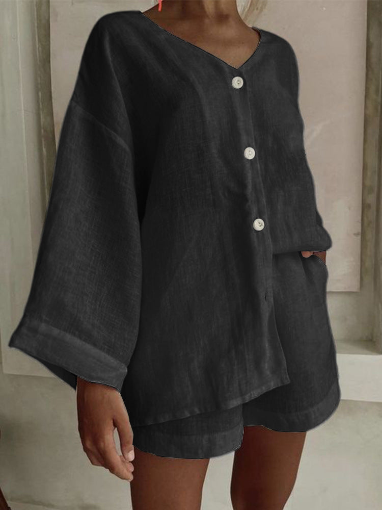 Cotton Linen Shirt & Shorts Set – Long Sleeve, Button, Casual 2-Piece - For A Cozy Meditation