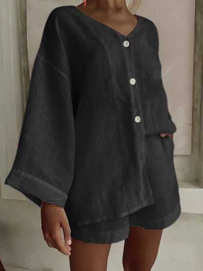 Cotton Linen Shirt & Shorts Set – Long Sleeve, Button, Casual 2-Piece - For A Cozy Meditation