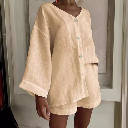 Cotton Linen Shirt & Shorts Set – Long Sleeve, Button, Casual 2-Piece - For A Cozy Meditation