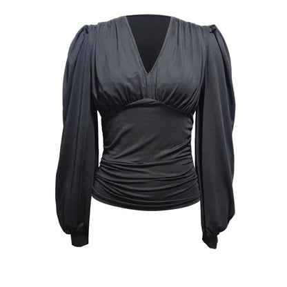 Black Low Head Lantern Sleeve Pleated V Neck Shirt