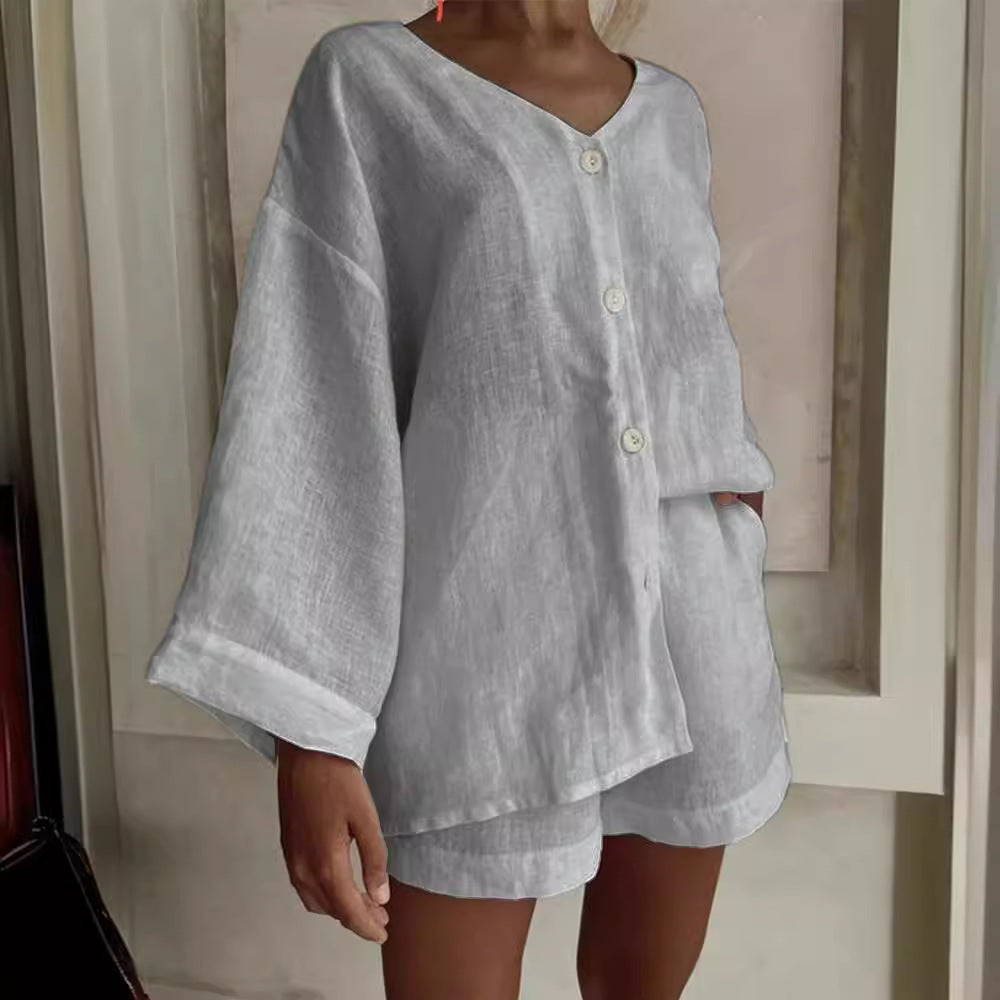 Cotton Linen Shirt & Shorts Set – Long Sleeve, Button, Casual 2-Piece - For A Cozy Meditation