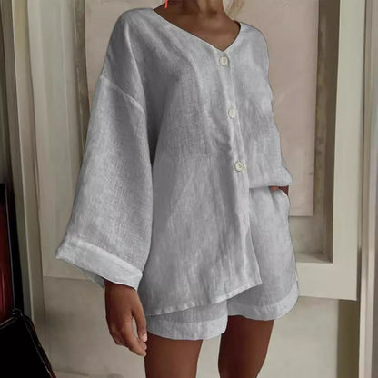 Cotton Linen Shirt & Shorts Set – Long Sleeve, Button, Casual 2-Piece - For A Cozy Meditation