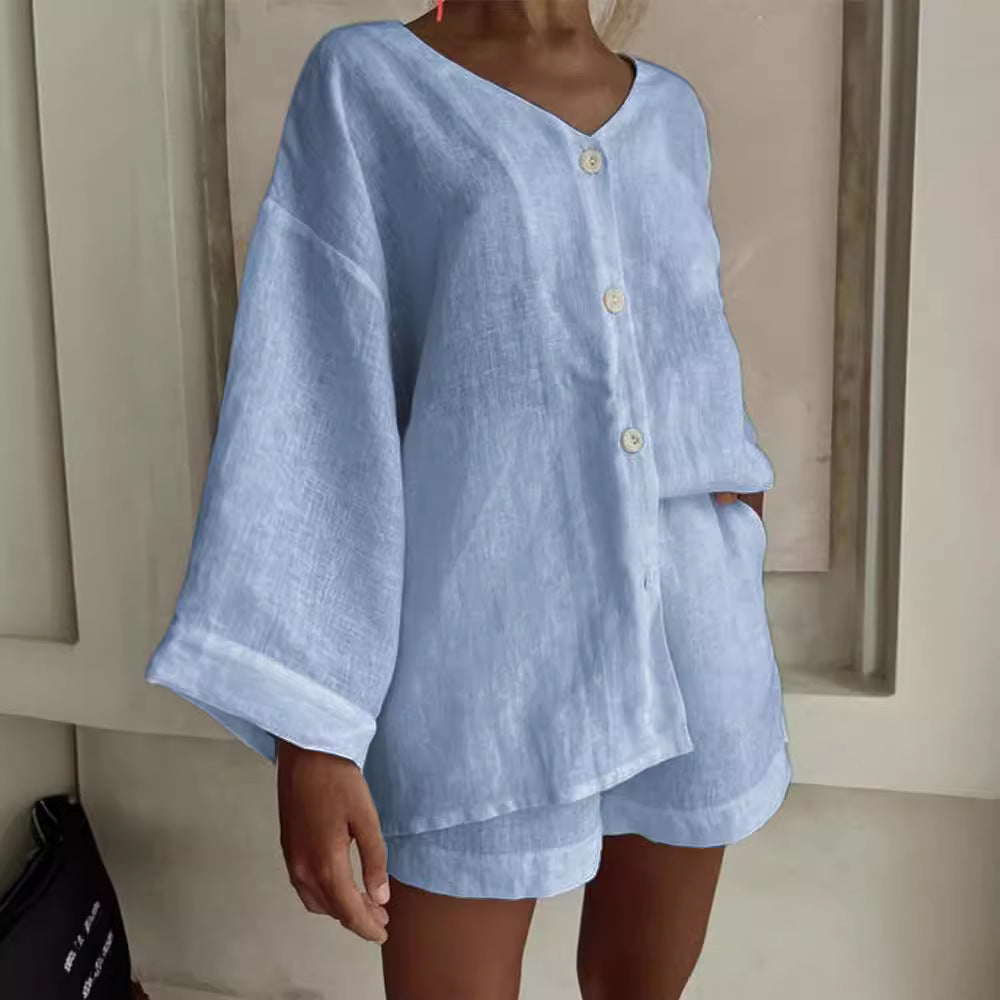 Cotton Linen Shirt & Shorts Set – Long Sleeve, Button, Casual 2-Piece - For A Cozy Meditation