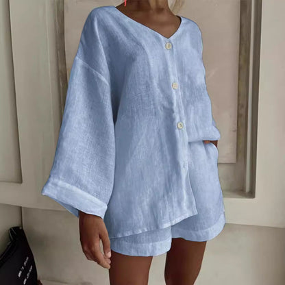 Cotton Linen Shirt & Shorts Set – Long Sleeve, Button, Casual 2-Piece - For A Cozy Meditation