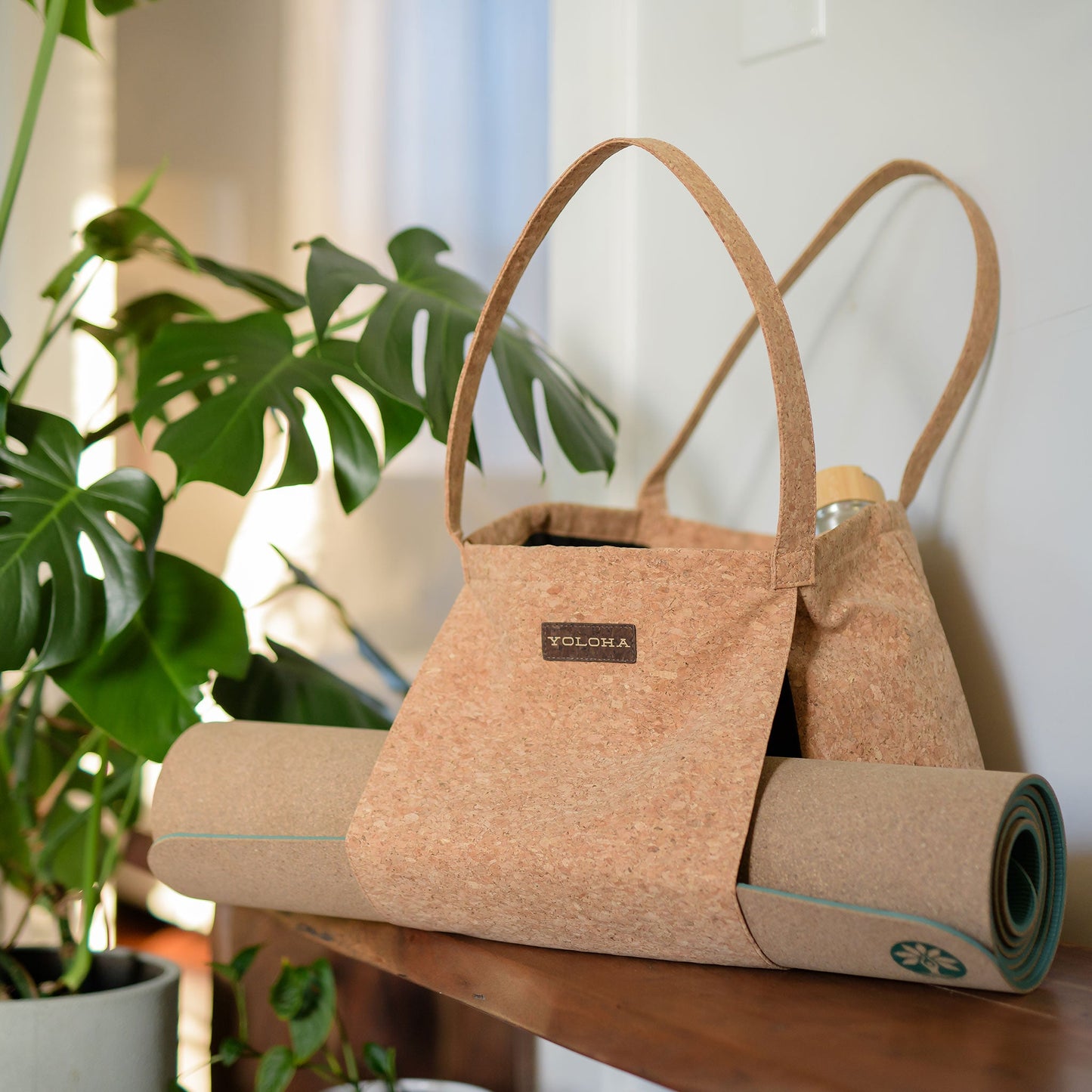 Premium Cork Tote Bag with Yoga Mat Holder – Eco-Friendly Studio Bag
