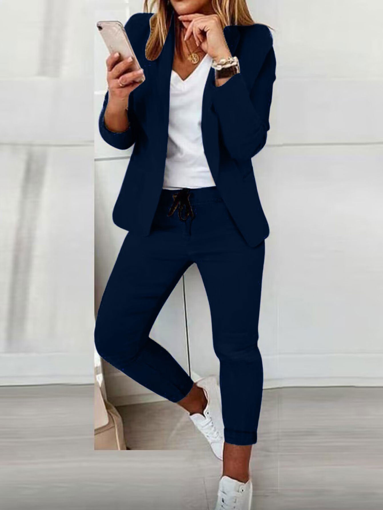 Lapel Blazer & Drawstring Trousers Set – Women's OL Two-Piece Suit
