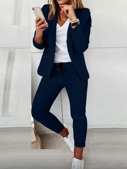 Lapel Blazer & Drawstring Trousers Set – Women's OL Two-Piece Suit